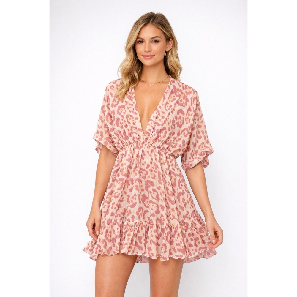 ASOS Design Pink Leopard Print Mini Dress Tie Neck Ruffle Hem Cotton Size US 8